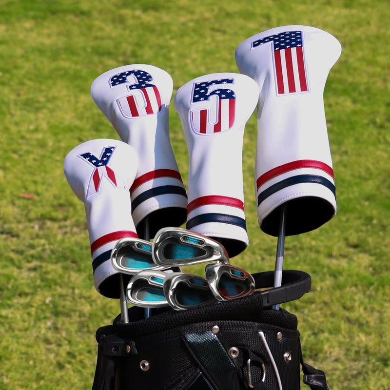 PONADA Golf Head Covers, 4pcs or 1pc USA Stars and Stripes Golf Club Covers for Woods and Driver Fairway Hybrid, PU Leather Golf Club Head Covers for Men Women with Interchangeable Tags, Fits Most Golf Clubs - Image 2